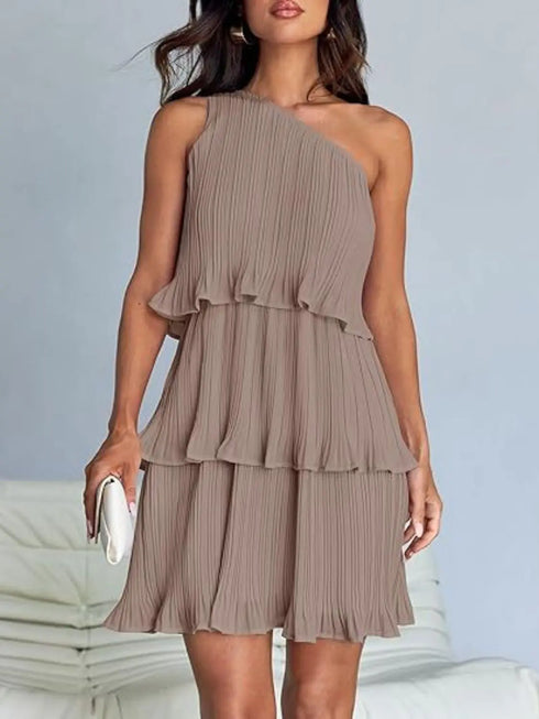 'Hesper' Layered Single Shoulder Mini Dress - Celes Fashion